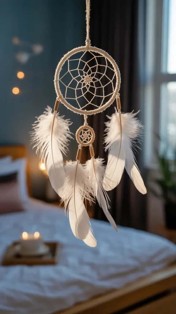A dreamcatcher with soft feathers hanging above a bed, adding a mystical vibe.