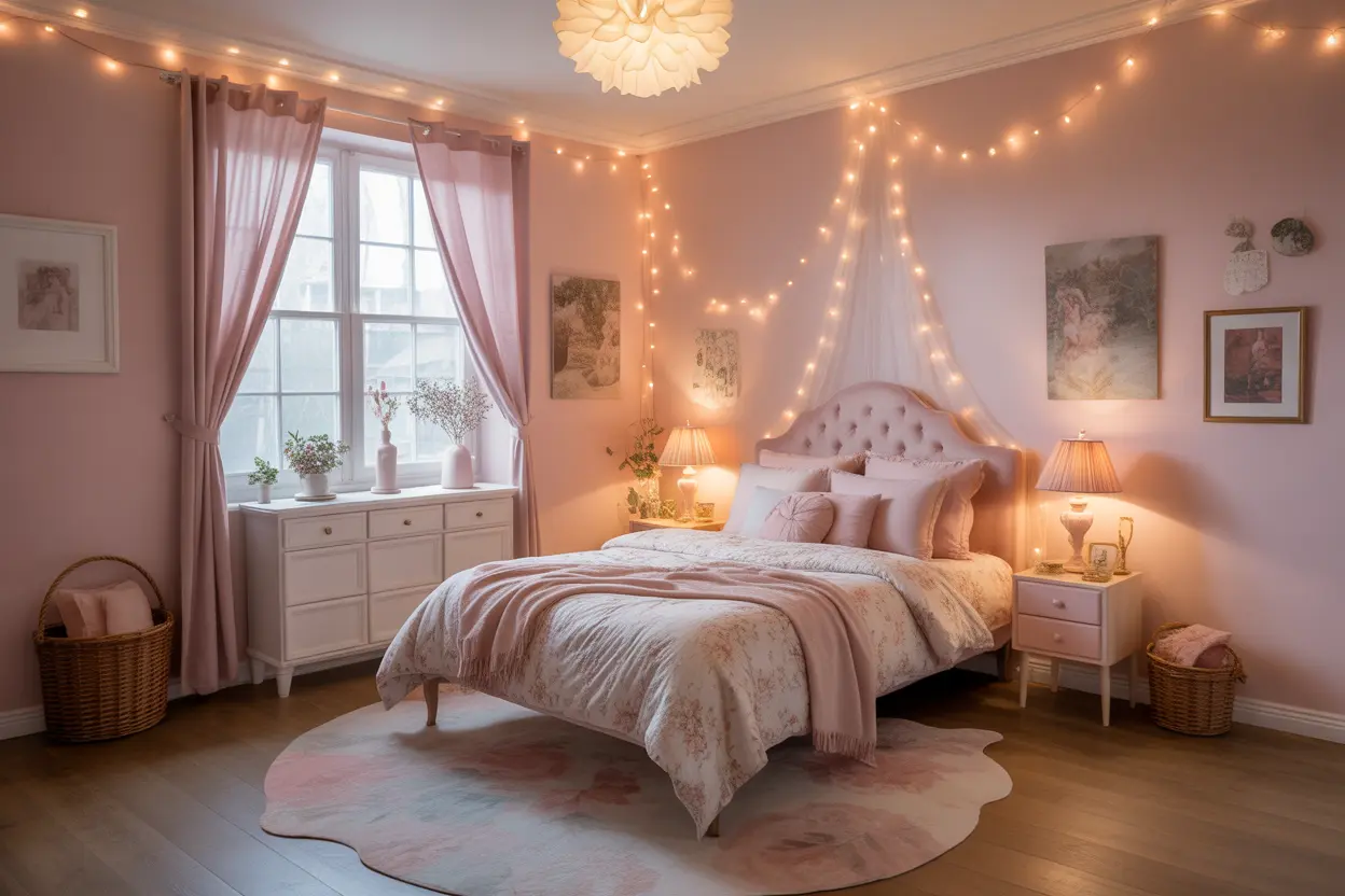 Whimsical fairycore bedroom ideas with pastel walls, floral bedding, fairy lights, and vintage decor creating a magical atmosphere.