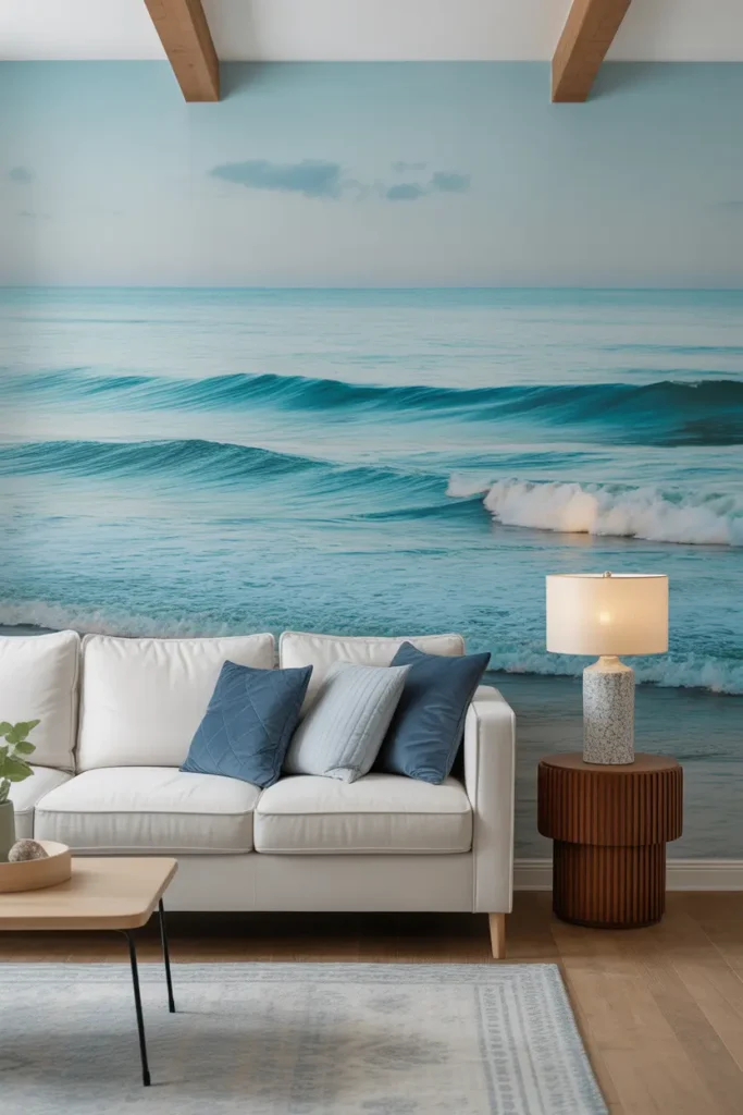 Beach-inspired statement wall with soft blue hues in a coastal living room.