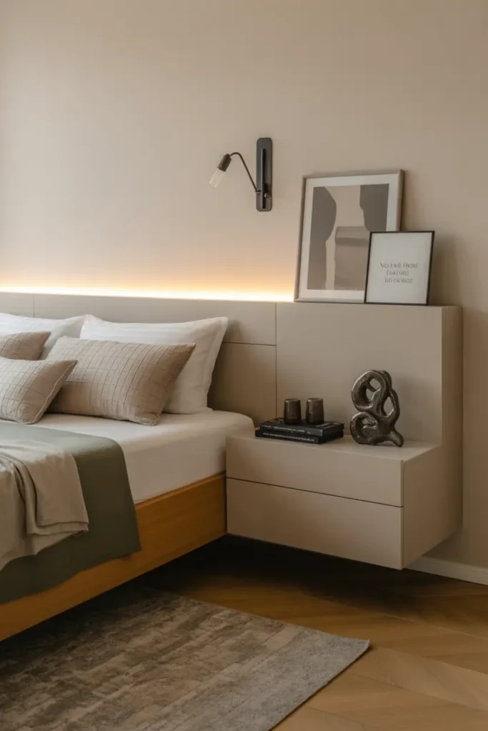 A floating nightstand and a floating bed frame, with minimal decor and soft lighting.