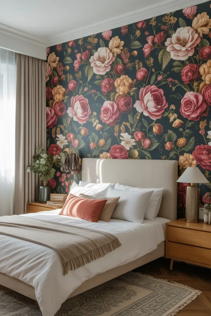 A floral-patterned wallpaper creating a striking accent wall in the bedroom.