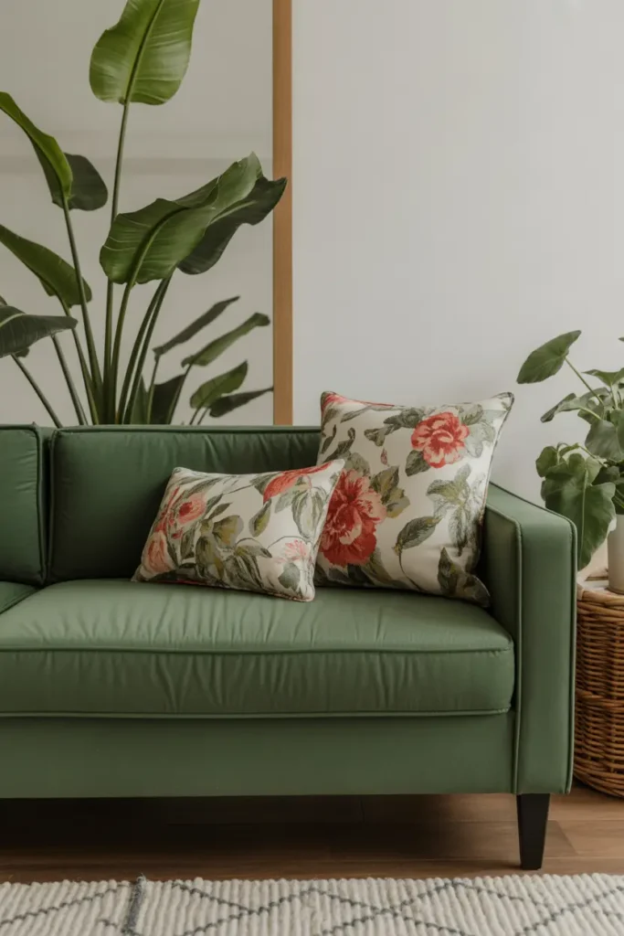 A forest green couch adorned with bright floral throw pillows, bringing a touch of nature indoors.