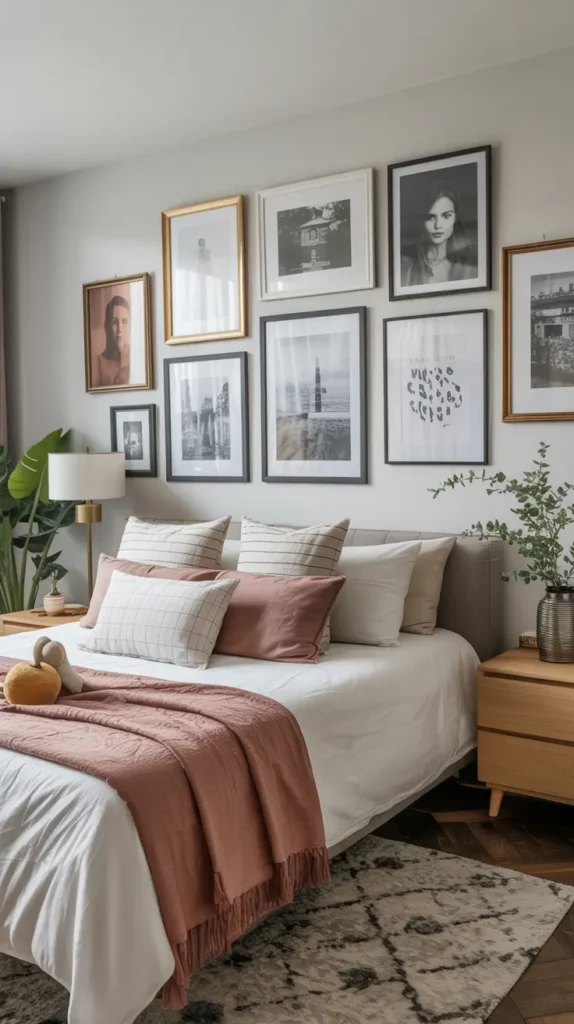  A gallery wall of mixed photo frames, prints, and artwork creates a personalized Boho bedroom. Varied sizes and patterns add visual depth and creative flair.