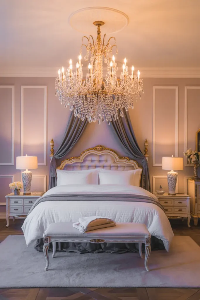 A grand chandelier with crystals hanging above a king-size bed, casting soft lighting around the room