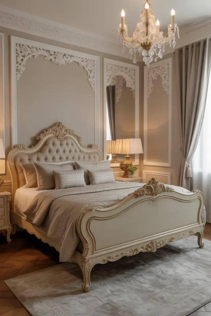 A grand Victorian bed with carved wood, plush bedding, and soft lighting creates a luxurious bedroom focal point.