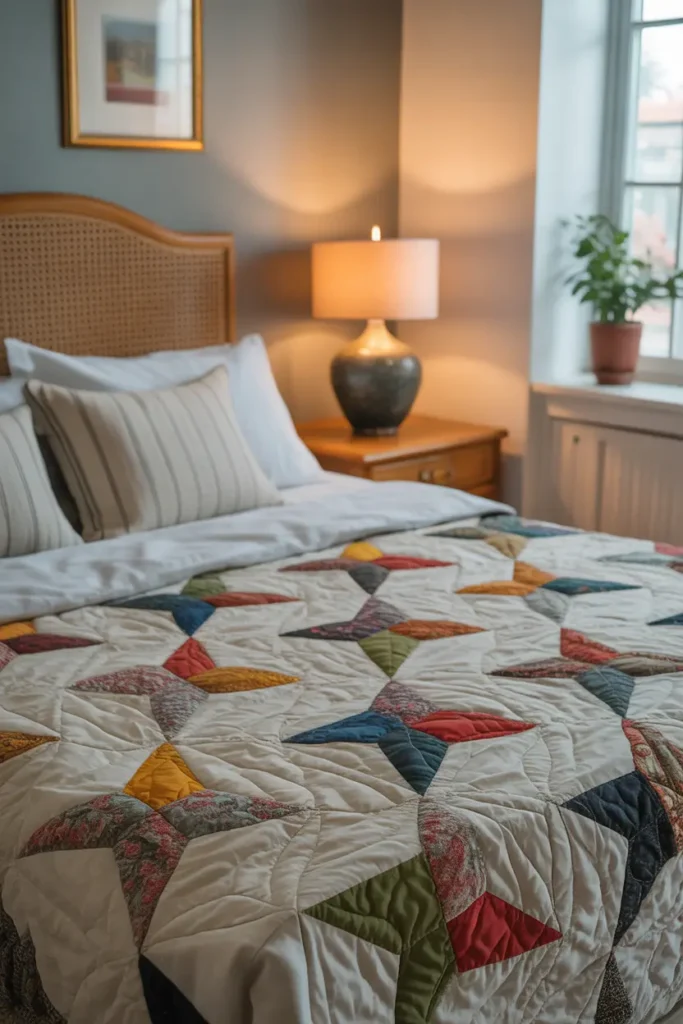 A handmade quilt spread over the bed, adding texture and warmth.