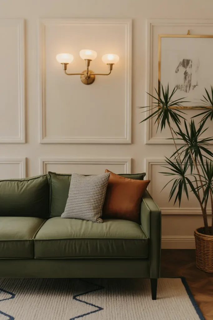 A hunter green couch set against a wall with brass light fixtures and a mix of modern and traditional decor elements.
