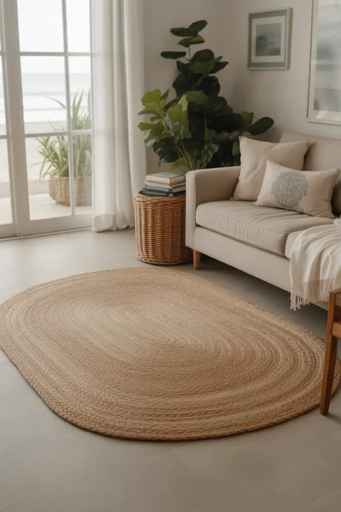 Jute rug adding texture and warmth to a beach house living room.