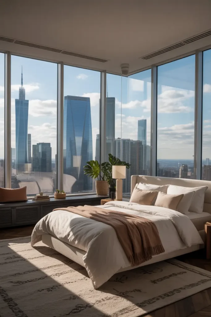 A large bedroom with floor-to-ceiling windows offering breathtaking views of the city skyline.