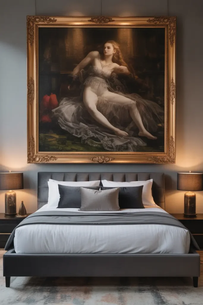 A large, dramatic painting hung above a sleek, modern bed, framed in gold.