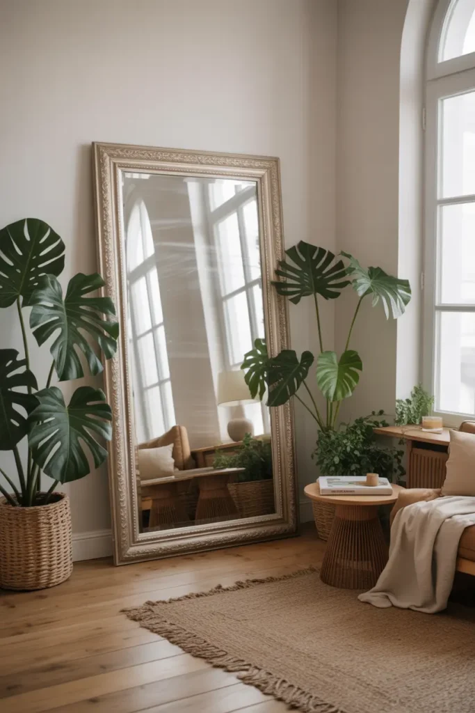 A large mirror leaning against the wall, reflecting light and making the room feel larger.