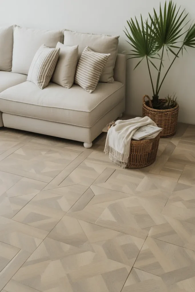 Light wood floors mimicking beach sand in a coastal living room.