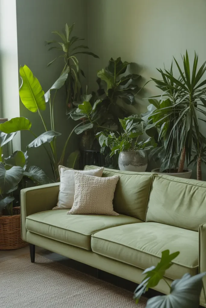 A light green couch surrounded by lush houseplants, creating a natural, greenery-filled living space.
