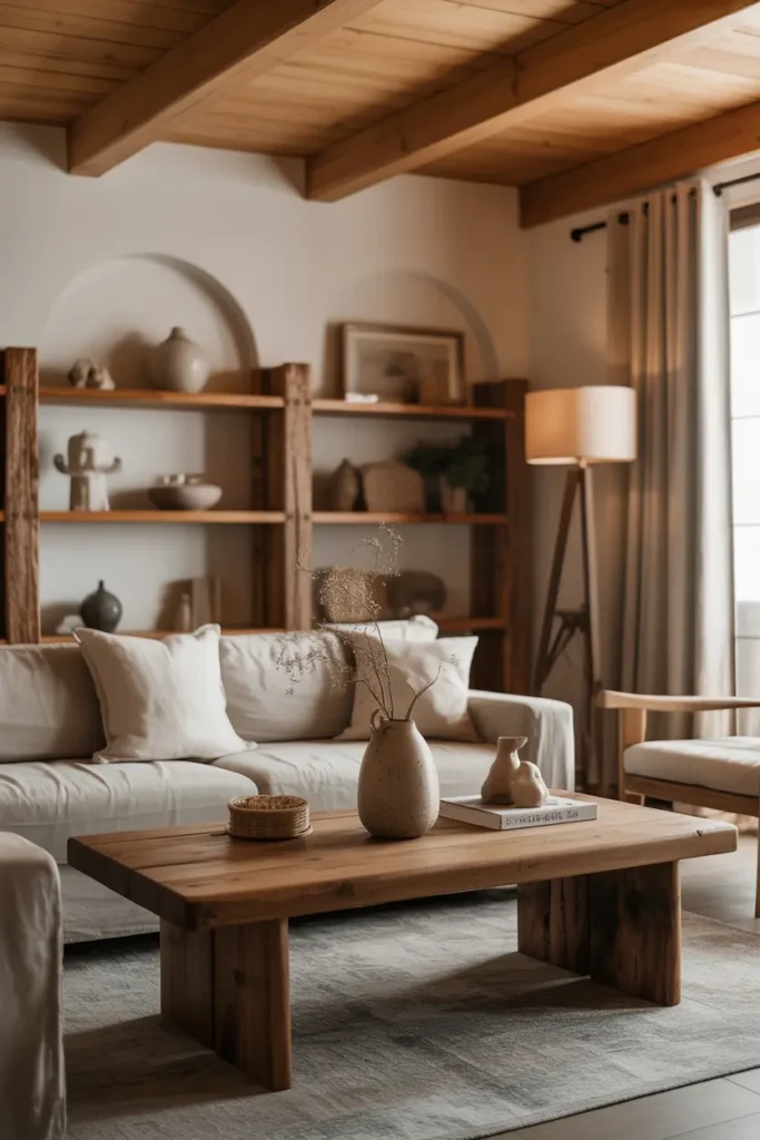 Living room with rustic wooden furniture, including a coffee table, shelving, and wooden beams on the ceiling, creating an earthy and natural atmosphere with wooden elements complementing neutral tones.