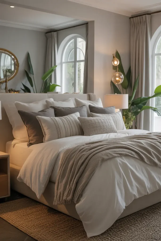 A luxurious bed with layered bedding, throw pillows in various sizes, and soft textures in a master bedroom.