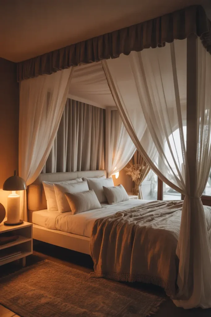 A luxurious canopy bed with sheer drapes, soft lighting, and plush bedding.
