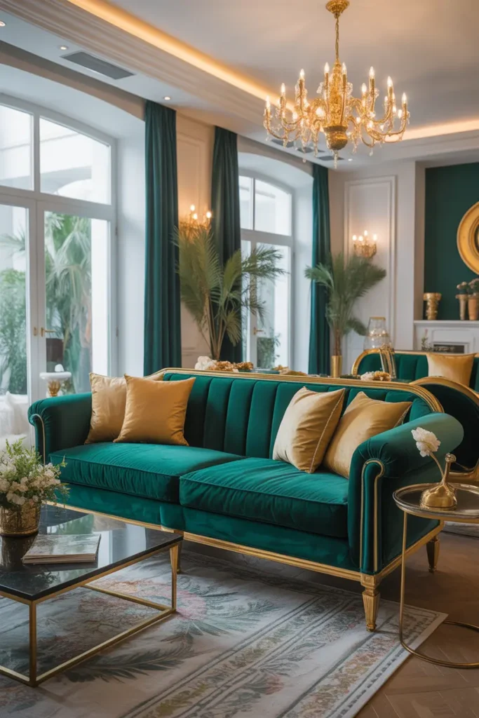 Luxurious emerald green couch with gold throw pillows in a spacious, modern living room, featuring contrasting gold and white decor elements