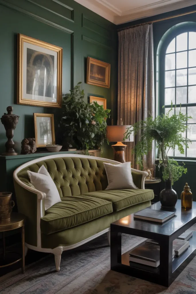 A luxurious green velvet couch paired with dark wood furniture, creating a contrast of textures.