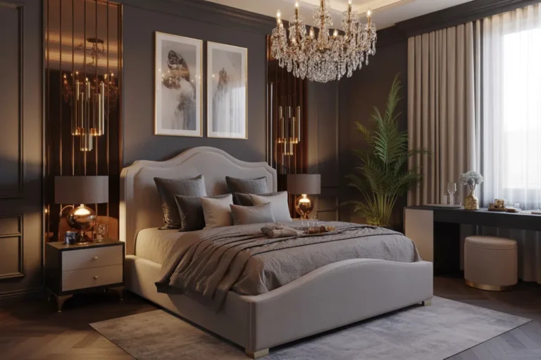 Luxury master bedroom with velvet bed, plush bedding, chandelier, and gold accents.