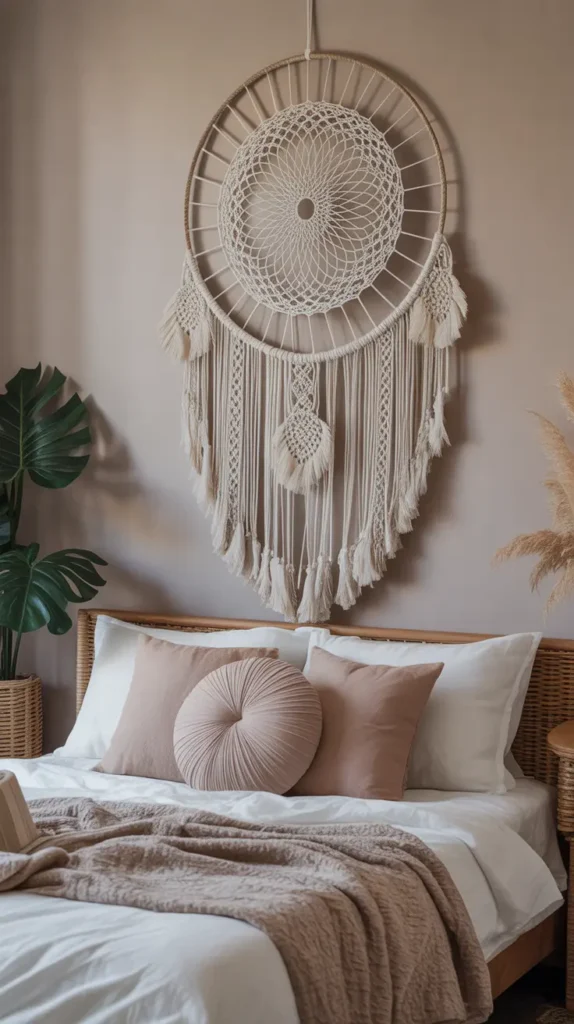 A macramé dreamcatcher hung above a bed adds Boho charm and whimsical artistry. Light textures and neutral tones create a cozy and inspiring bedroom aesthetic.