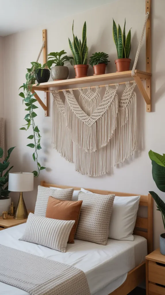 A macramé shelf supporting small potted plants adds layered texture and greenery, enhancing a cozy Boho bedroom wall.