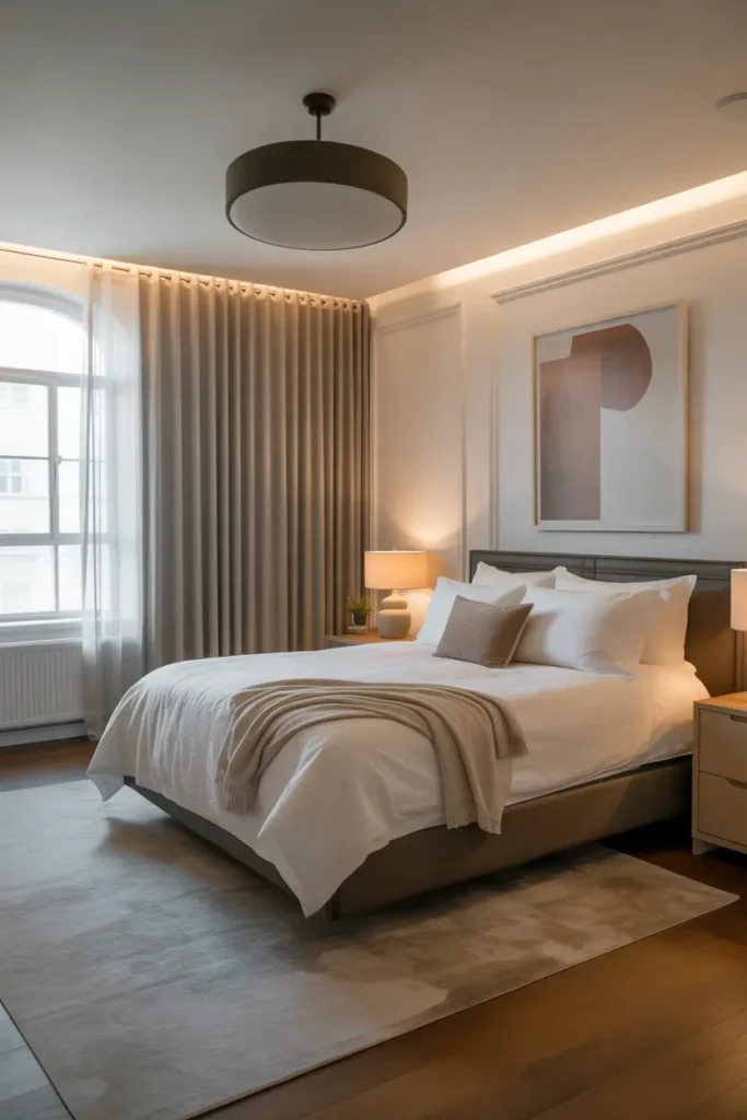 A master bedroom with smart lighting, temperature control, and automated curtains