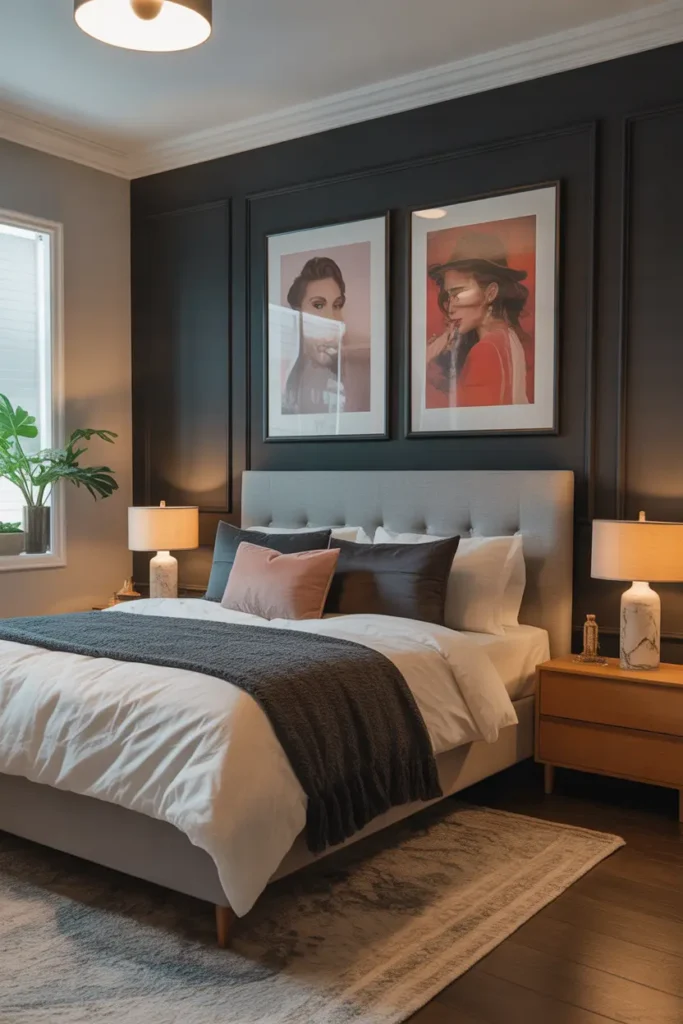 A matte black accent wall adorned with romantic art creates a bold, passionate statement in a couple’s bedroom.