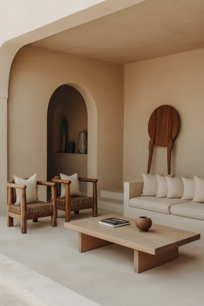 Mediterranean-inspired living room with simple, elegant wooden furniture, including a low-profile coffee table, rustic armchairs, and a minimalist sofa in neutral shades.