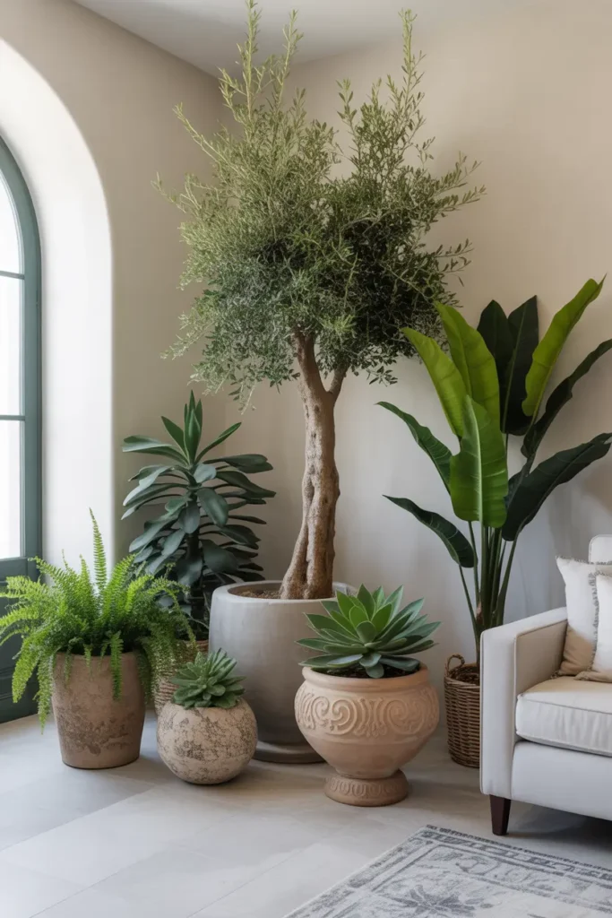 Mediterranean living room with large indoor plants, including olive trees, ferns, and succulents in decorative pots, adding a touch of nature and tranquility to the space.