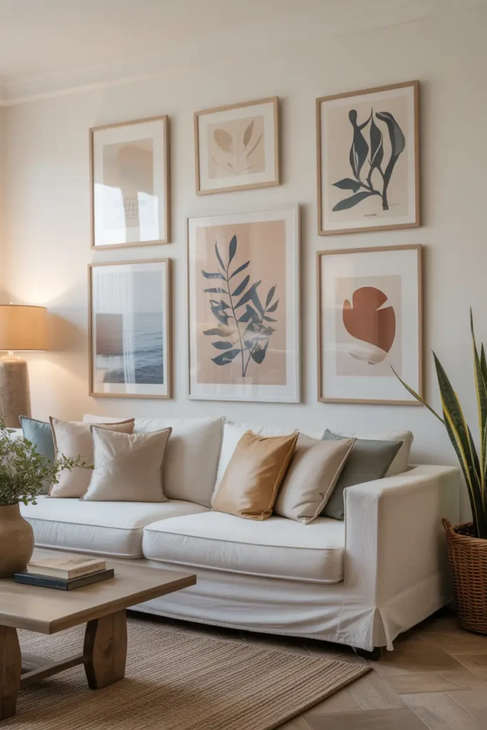 Mediterranean living room with a gallery wall featuring seascapes, botanical prints, and abstract art in soft hues, adding character to the walls without overwhelming the space