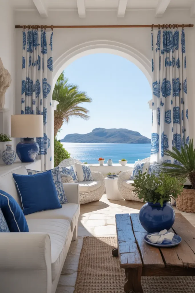 Mediterranean living room with a white sofa adorned with blue cushions and blue-and-white patterned curtains, creating a fresh and calming atmosphere reminiscent of the Mediterranean seaside.