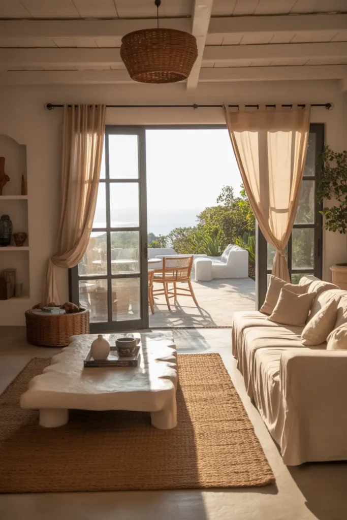 Mediterranean living room with large glass windows, bright and airy space, light-colored furniture, and curtains gently blowing in the breeze, allowing natural light to pour in.