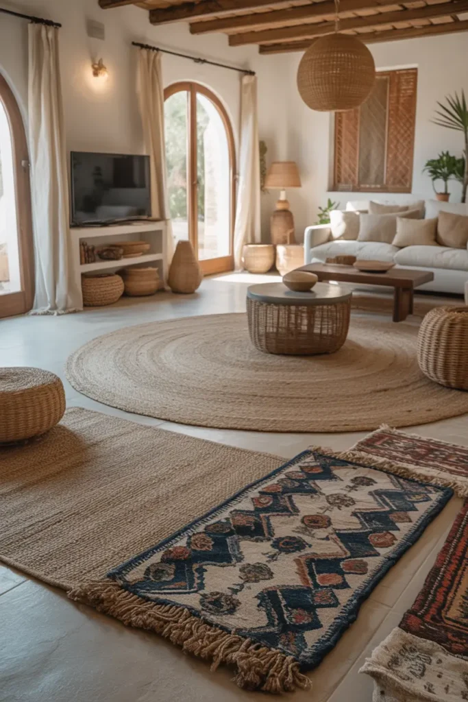 Mediterranean living room with multiple layered rugs on the floor, featuring jute, wool, and patterned styles, creating a warm contrast against the room's neutral tones.