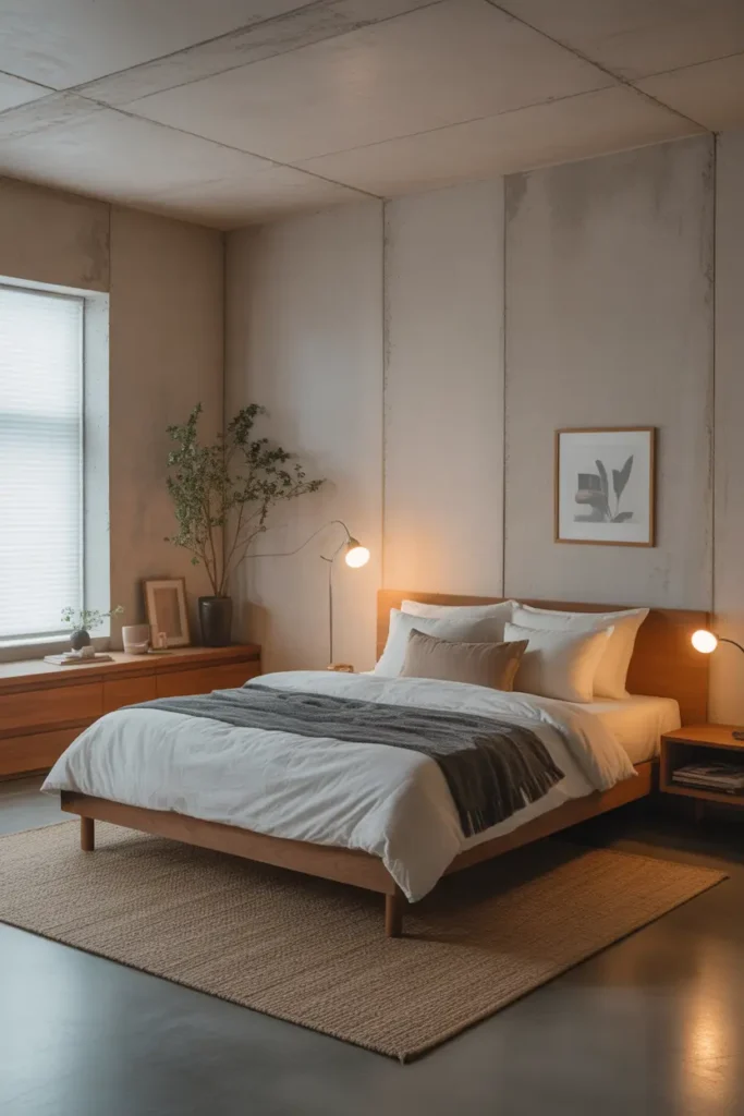 A stylish guest room in the basement with a comfortable bed, decorative pillows, and a cozy chair.