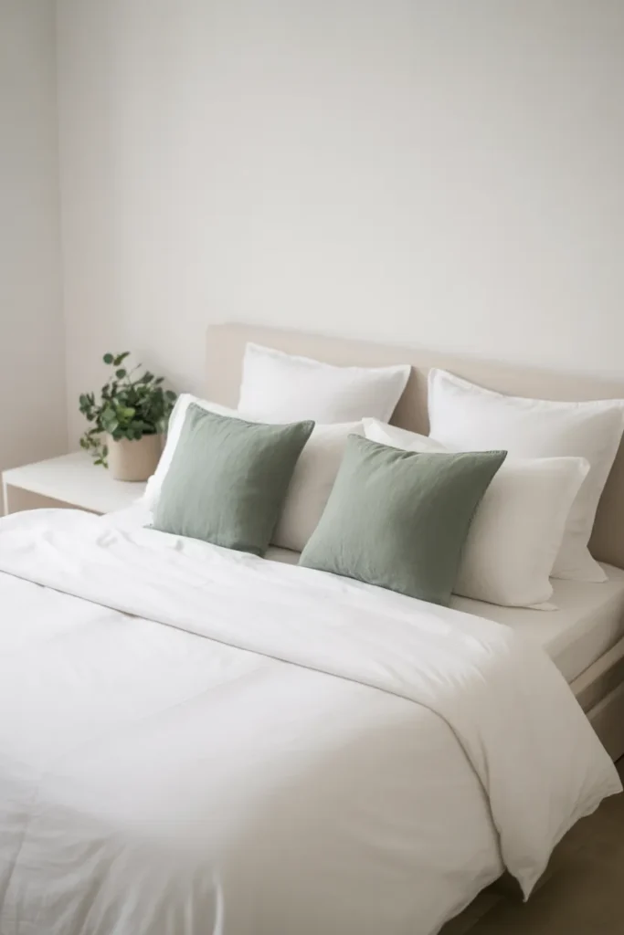  Fresh bedroom wall above a low bed featuring three botanical art prints in thin oak frames, white walls, sage and cream bedding, small potted plant on floating shelf, light wood flooring, soft daylight, minimal decor, airy garden-inspired palette, clean modern cottage style, straight-on eye-level view.