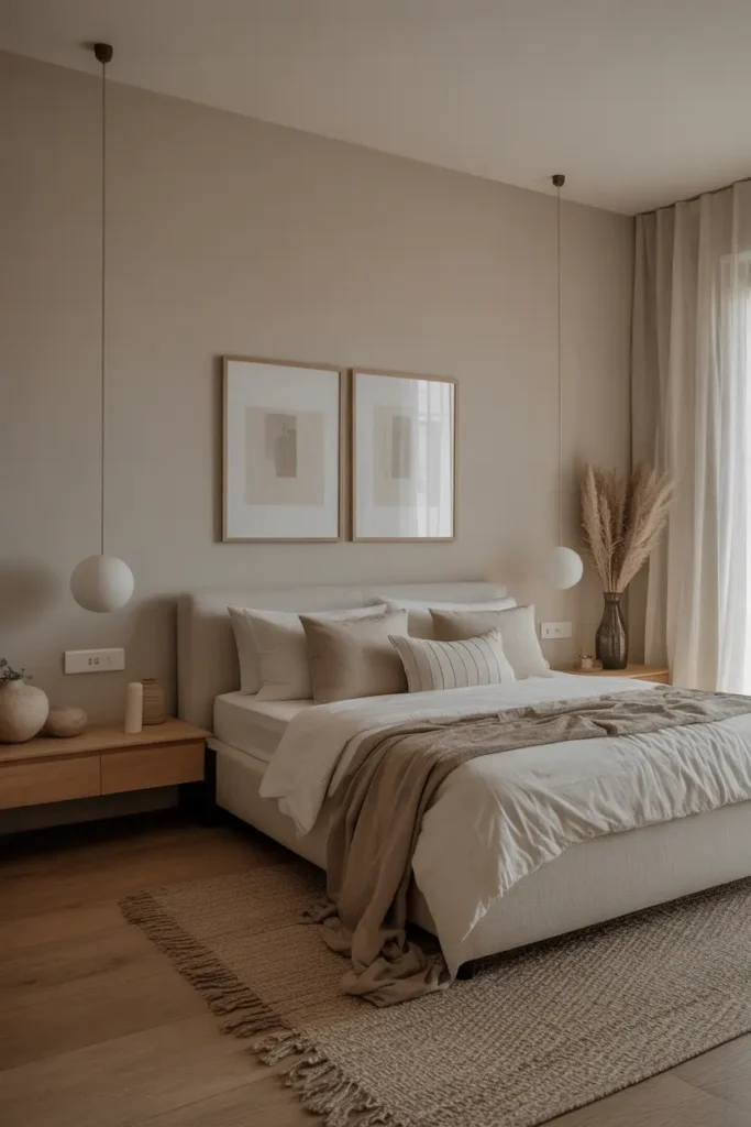 A minimalist master bedroom with a simple bed, neutral tones, and a clean, clutter-free design.