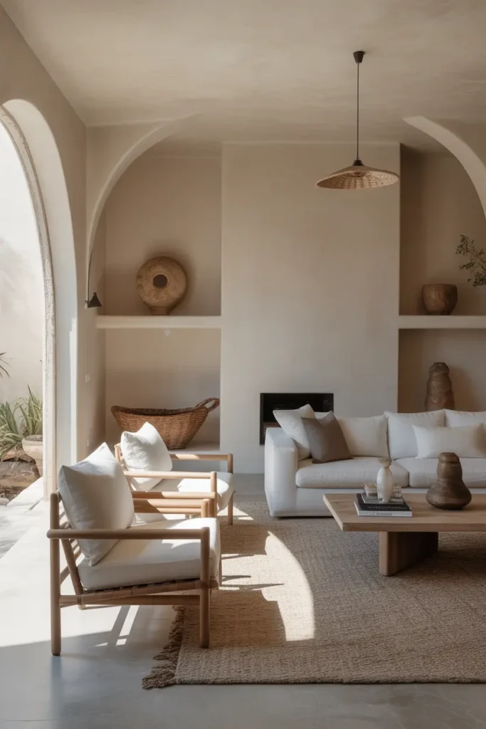 Minimalist Mediterranean living room with sleek, modern furniture featuring clean lines, spacious layout, plenty of natural light, and a neutral color palette."