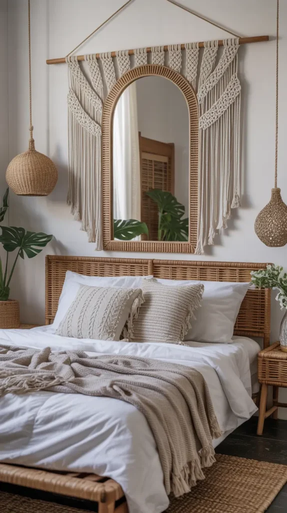  A mirror framed with intricate macramé adds Boho charm and reflection to the bedroom wall, enhancing space and light.