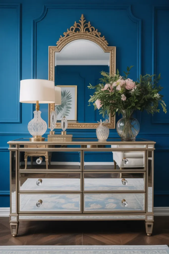 A mirrored dresser with gold accents and crystal knobs against a deep blue accent wall.