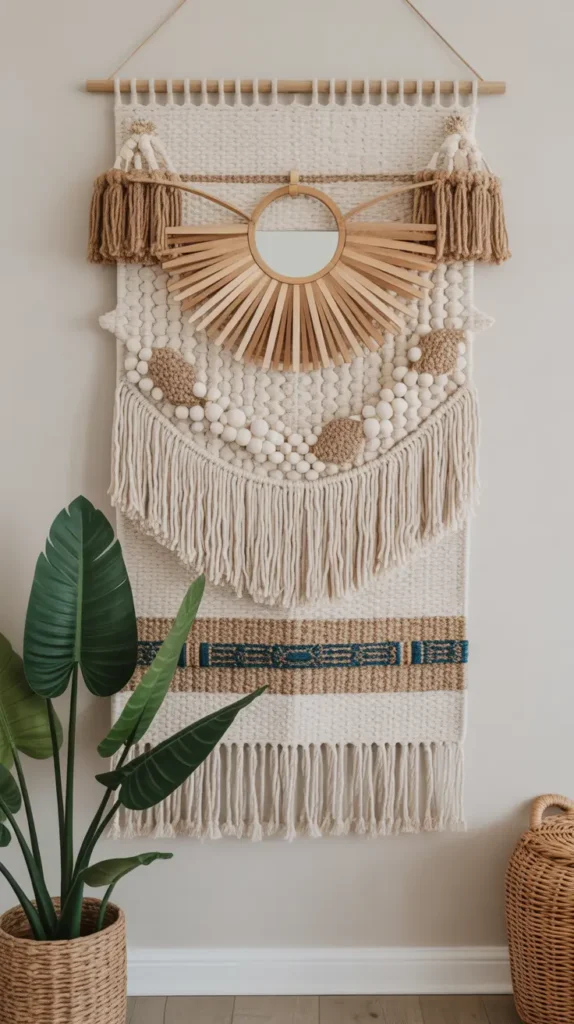  A mixed media wall panel combining wood, textiles, and woven elements creates layered Boho charm.