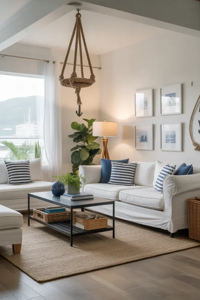 Modern coastal living room with nautical accents like ropes and anchors.