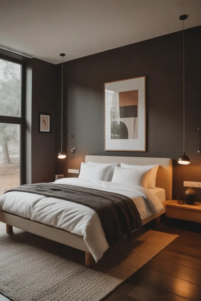 A moody espresso-toned bedroom with minimalist décor emphasizes intimacy, simplicity, and elegance for couples.