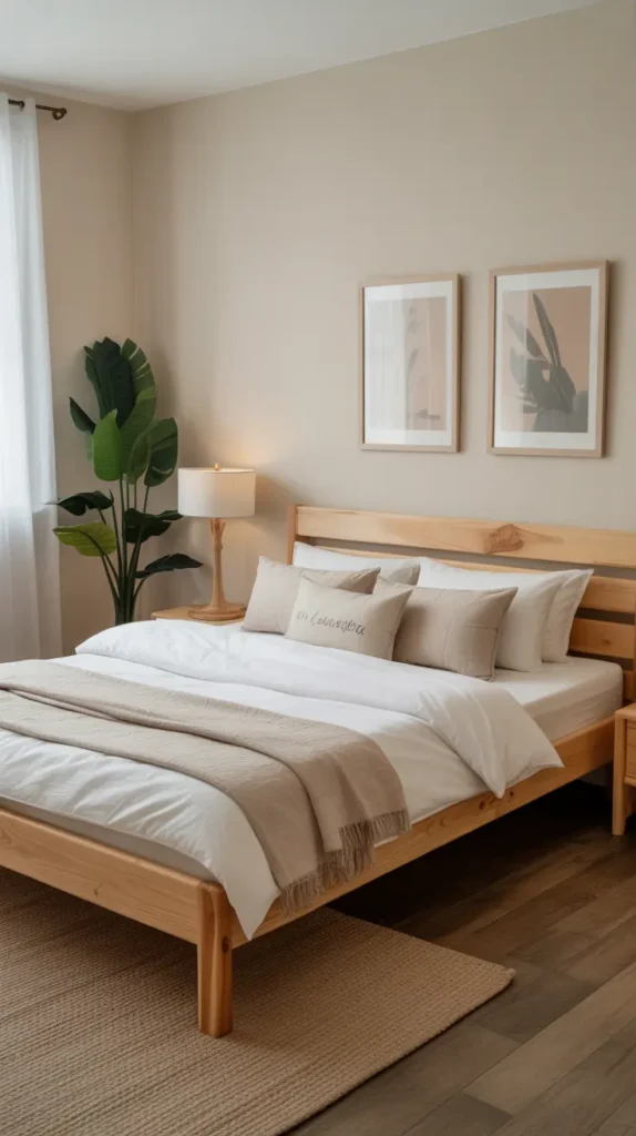 A natural wooden bed frame with a simple design that adds rustic charm.