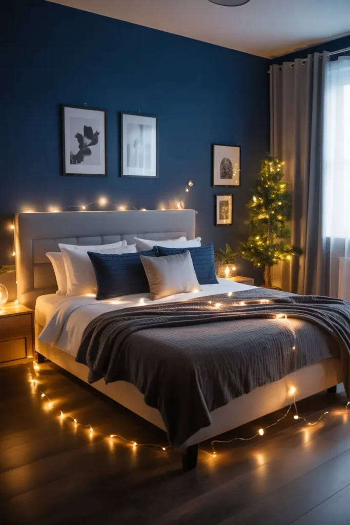 A navy blue bedroom paired with warm fairy lights creates a whimsical and romantic atmosphere for couples to relax and connect.