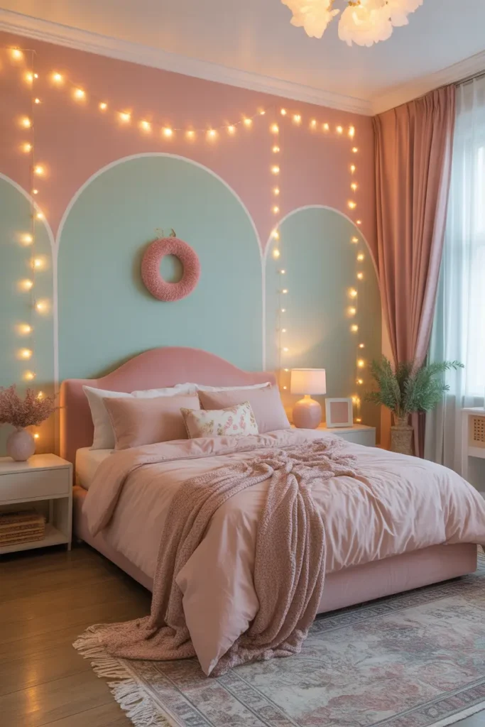A pastel pink and mint green bedroom with soft lighting and fairy lights adorning the walls.