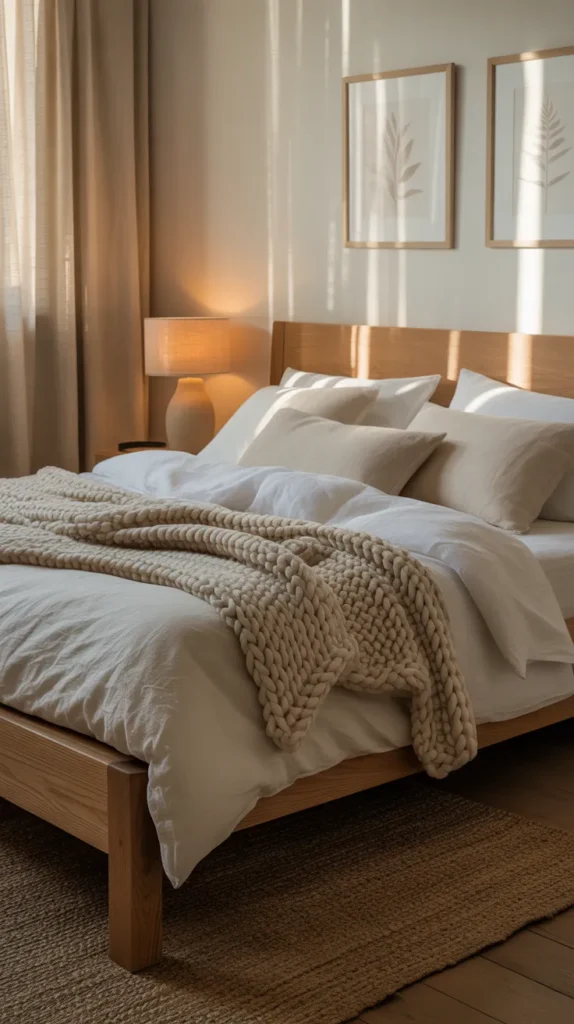 Sunlit bedroom with white linen bedding, soft beige knit throw, light oak bed frame, pale wood floors, whitewashed walls, small woven nightstand, ceramic vase with green stems, airy layered textures, natural morning light, relaxed coastal mood, eye-level view from the side corner of the bed.