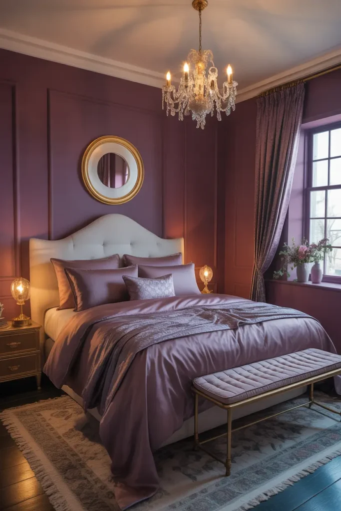 A plum purple bedroom with satin bedding creates a luxurious and romantic atmosphere for couples.