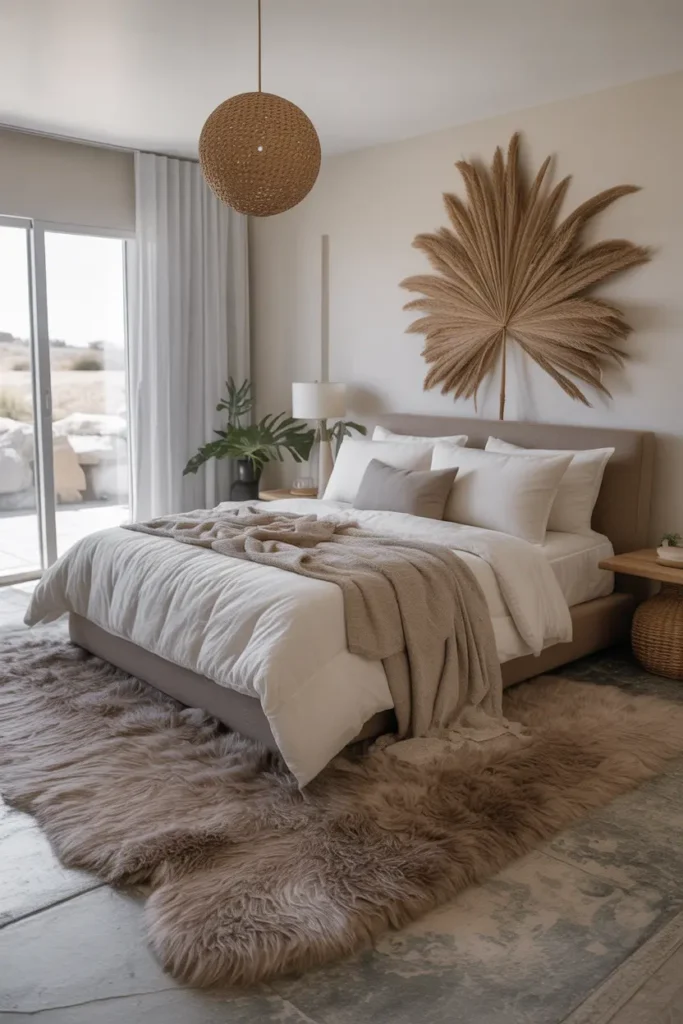 A plush rug on the floor beneath the bed, adding texture and warmth to the master bedroom.