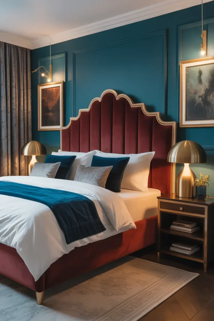  A plush velvet headboard in deep jewel tones, paired with satin sheets and metallic gold lamps.