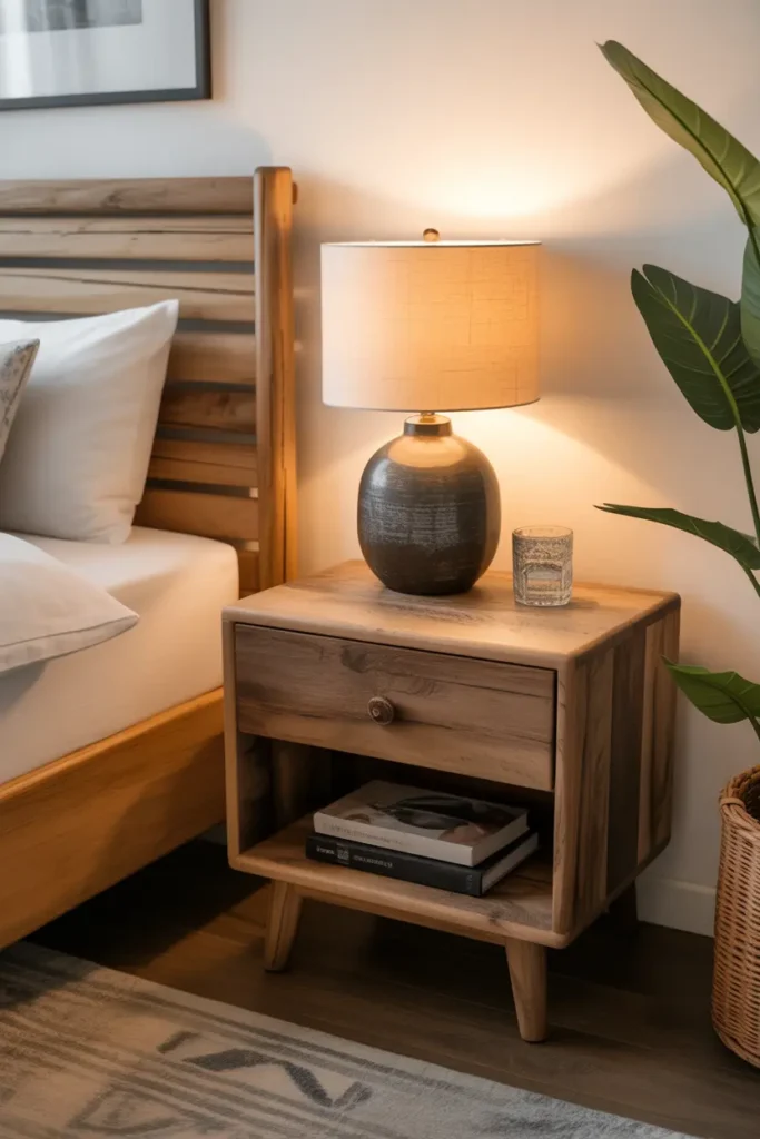 A rustic wooden nightstand paired with a modern lamp, creating a balanced, cozy bedroom.